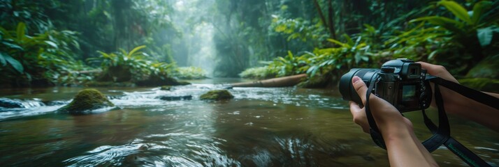 A photographer's perspective of capturing the enchanting atmosphere and lush greenery of a misty jungle, adding a touch of adventure to the scene