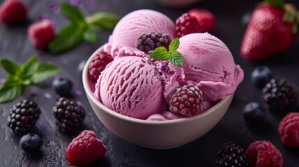 Bowl with four scoops of pink ice-cream toped with raspberries, blackberries and mint leaves - Powered by Adobe