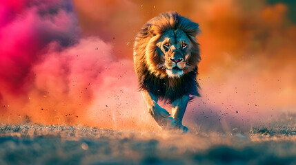 colorful and energetic king lion convey the power and majesty, predator wildlife - obrazy, fototapety, plakaty