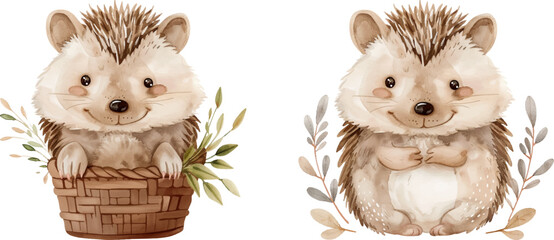 Cute hedgehogs with florals. Watercolor vector illustration - 791647354