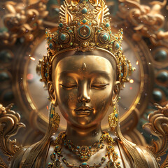 AI generated illustration of a golden statue embellished with numerous jewels and beads