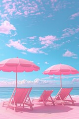 Fototapeta na wymiar beach with all pink concept: umbrellas, chairs and palm trees on a beautiful sand. Summer vibes