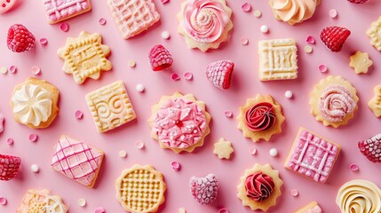 A colorful assortment of various cookies and sweets artfully arranged on a pink background