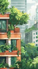 Fototapeta na wymiar A vibrant illustration of a greenery-covered building in an urban setting
