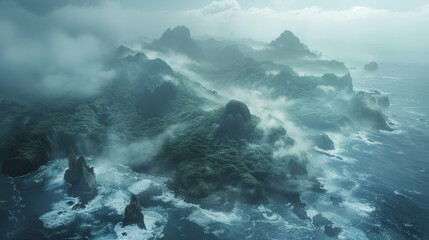 Mysterious and lush Forgotten Isles hidden by fog and turbulent seas seen from above, evoking a sense of secrecy and beauty.