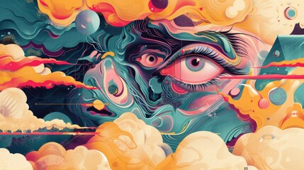 A vibrant and surreal digital artwork focusing on an eye amidst abstract shapes and colorful patterns