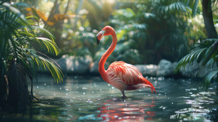 Graceful flamingo standing in shallow waters, exuding vibrant pink hues against a serene and natural backdrop.