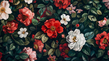 vibrant red and white flowers of various kinds with green leaves on a dark background in a detailed realistic style