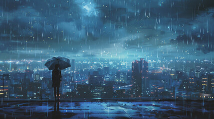 A lone person with an umbrella gazes at the horizon amidst a rainy cityscape.