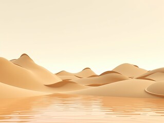 Fototapeta na wymiar 3d render, cartoon illustration of beige hills with water in the background, simple minimalistic style, low detail copy space for photo text or product