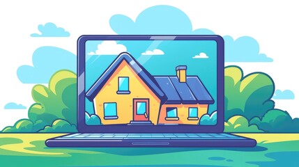 2d cartoon icon of a laptop for virtual tours Explore real estate online with a virtual walkthrough