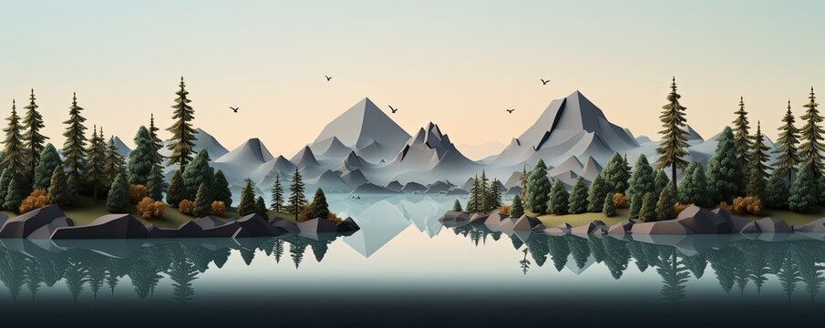 3d render, cartoon illustration of black hills with water in the background, simple minimalistic style, low detail copy space for photo text or product