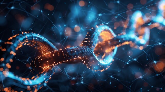 A high-tech visualization of quantum computing powering a blockchain network