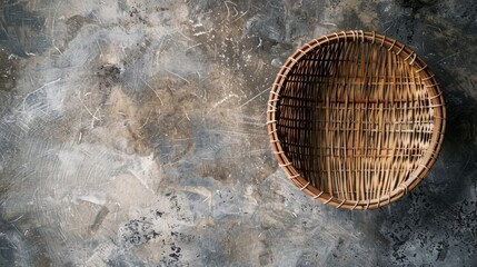 A high-quality photo showing a round wicker basket positioned on a distressed, textured grey background. Ideal for themes of storage, style, or simplicity.