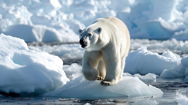 Majestic Polar Bear Traversing Across Arctic Ice, Its Powerful Form Contrast Against the Stark, Snowy Landscape.





