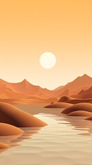 3d render, cartoon illustration of brown hills with water in the background, simple minimalistic style, low detail copy space for photo text or product