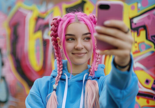 A cute woman with pink hair taking a selfie in front of a colorful wall