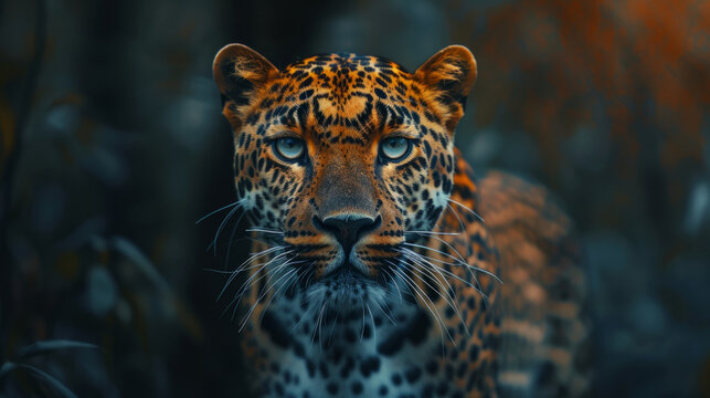 A striking image of a solitary leopard staring directly at the viewer, showcasing its beautiful spots against a mysterious, blurred backdrop.