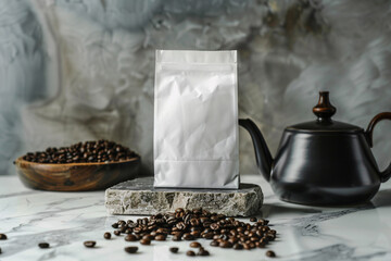 White blank coffee bag mockup. Coffee bag placed on marble stone with coffee beans