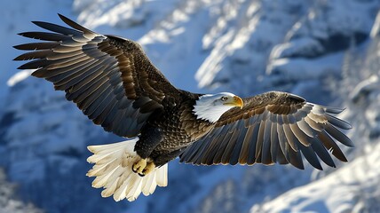 Fototapeta premium Majestic Bald Eagle Soaring Against a Background of Clear Blue Sky, Its Powerful Wings Outstretched in Graceful Flight.