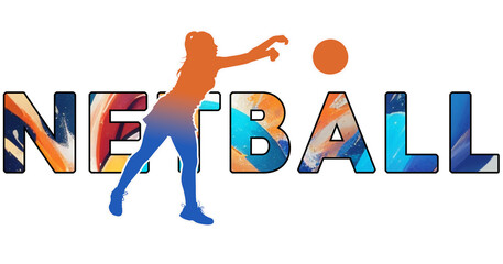 Isolated text NETBALL on Transparent PNG Background - Color Icon Gradient Silhouette Figure of a Female or Woman Player Passing the Ball