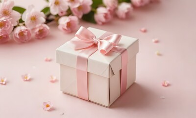 Small elegant present gift box with tiny pale pink satin ribbon decorated with blooming sakura flowers