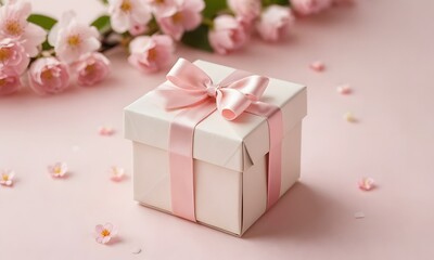 Obraz premium Small elegant present gift box with tiny pale pink satin ribbon decorated with blooming sakura flowers