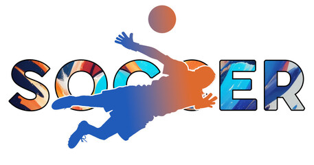 Isolated text SOCCER on Withe Background - Color Icon Gradient Silhouette Figure of a Female or Woman Goalie Diving to Make Save