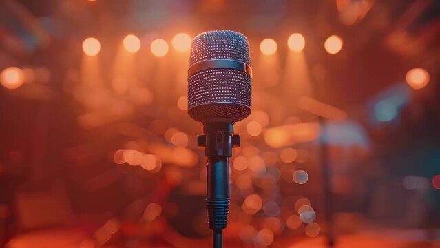 Pro Mic at the Heart of the Concert Stage. Concept Professional Audio Equipment, Live Music Performance, Center Stage Spotlight, Concert Sound System