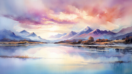 A watercolor painting of a mountain lake at sunset in shades of purple, pink, and blue.