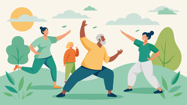 In a peaceful outdoor setting a group of individuals with developmental disabilities engage in slow and deliberate movements learning Tai Chi