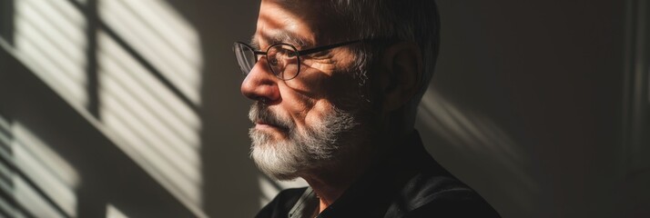 A moody profile shot of a man where intriguing shadows cast across his face, suggesting contemplation and mystery - obrazy, fototapety, plakaty