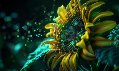 Captivate your audience with the allure of sunflowers against a captivating black background in this generative AI illustration. A modern twist on floral artistry powered by technology.