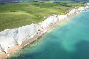 Seven sisters, Cliff and Ocean, famous tourism location and world heritage in south England, Spring outdoor, aerial view
