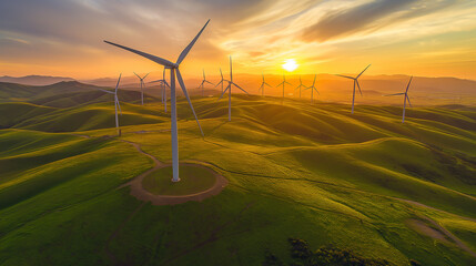 Image of the grandeur of wind turbines on a green field. ,Renewable energy for the future, nature, technology that harnesses wind power. - obrazy, fototapety, plakaty