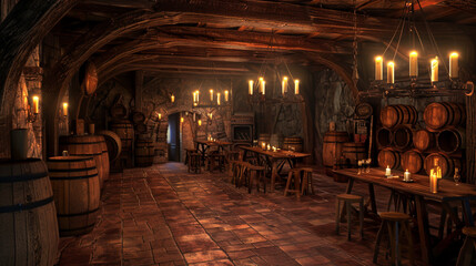 Naklejka premium A dimly lit wine cellar filled with wooden barrels.