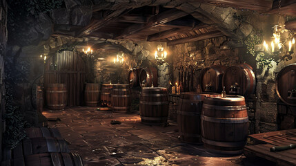 A dimly lit wine cellar filled with wooden barrels.