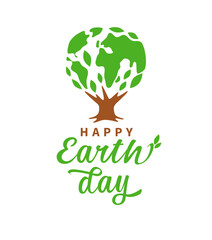 Happy Earth Day wallpaper poster. Creative greetings with tree of life logo concept. T shirt graphic idea. Cute tree with green leaves as a symbol of Mother Earth. Abstract icon. Typographic design. 