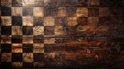 A chessboard on a dark wooden table - obrazy, fototapety, plakaty