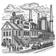bustling vintage industrial beer factory with smokestacks, suggesting the energy of early industry sketch engraving generative ai raster illustration. Scratch board imitation. Black and white image.