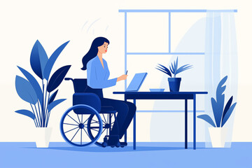 Business graphic vector modern style illustration of a business person in a workplace environment showing accessibility wheelchair access for the less abled man and woman in an office environment