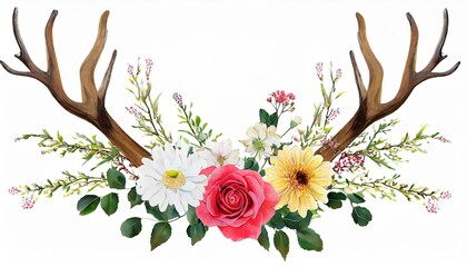 surreal illustration of a deer with antlers made of flowers, set against a bright white background.
