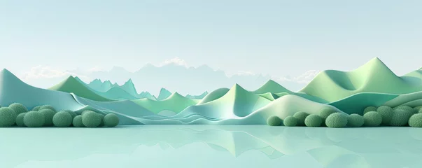 Fototapeten 3d render, cartoon illustration of mint green hills with water in the background, simple minimalistic style, low detail copy space for photo text or product © Lenhard