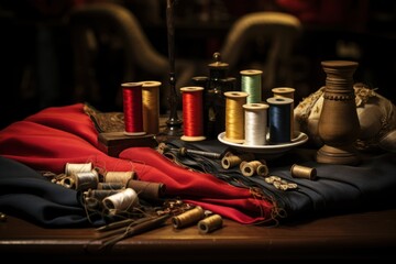 Sewing accessories on a wooden table. Selective focus. Toned. Variety of threads for sewing