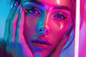 Beautiful woman with beautiful manicure posing in colorful neon light, commercial ad style photo shoot, beauty and fashion magazine photography