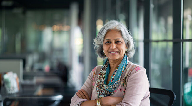 Portrait of a middle aged indian woman working in office.