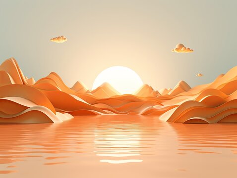 3d render, cartoon illustration of orange hills with water in the background, simple minimalistic style, low detail copy space for photo text or product