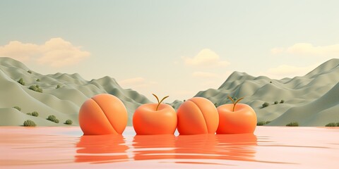 3d render, cartoon illustration of peach hills with water in the background, simple minimalistic style, low detail copy space for photo text or producT - obrazy, fototapety, plakaty