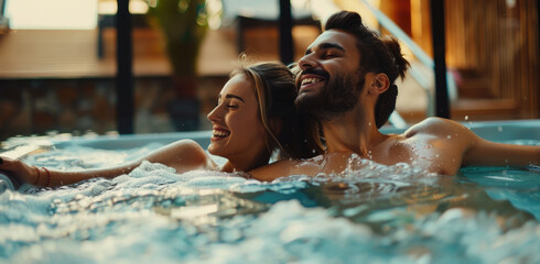 a couple relaxing in a jacuzzi with hot tub water at a spa resort hotel, smiling with natural...
