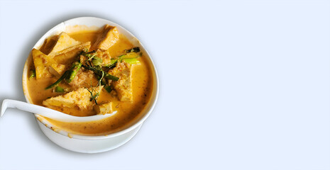 Thai Asian peanut coconut curry dish with tofu and stir fried pepper, cilantro, ginger, copy space